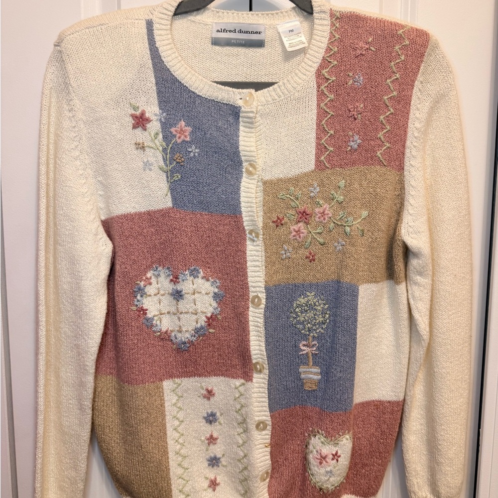 Alfred Dunner Women's Floral Patchwork Cardigan - Cream, Pink, Tan, Blue